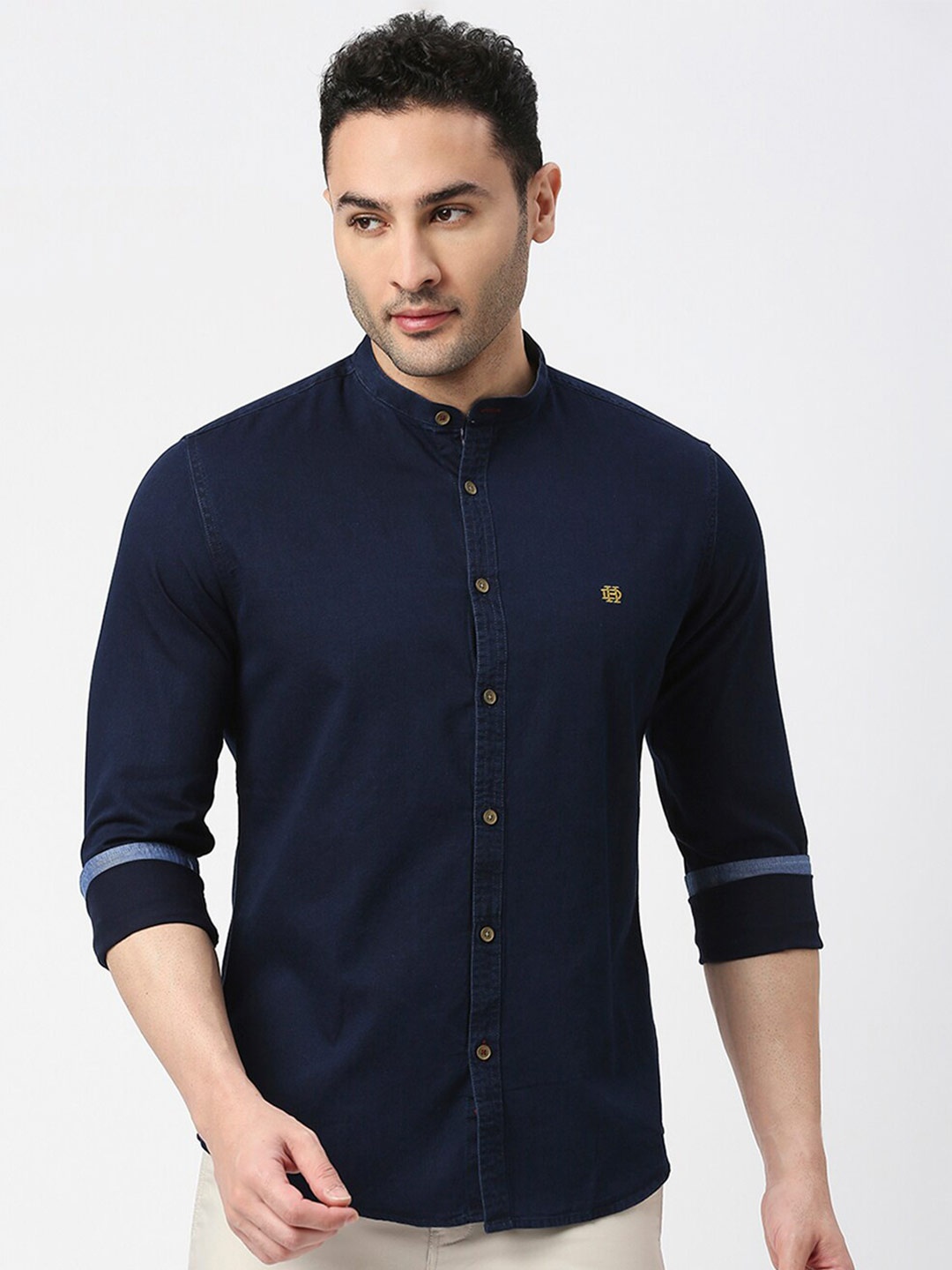 

DRAGON HILL Mandarin Collar Slim Fit Opaque Cotton Casual Shirt, Blue