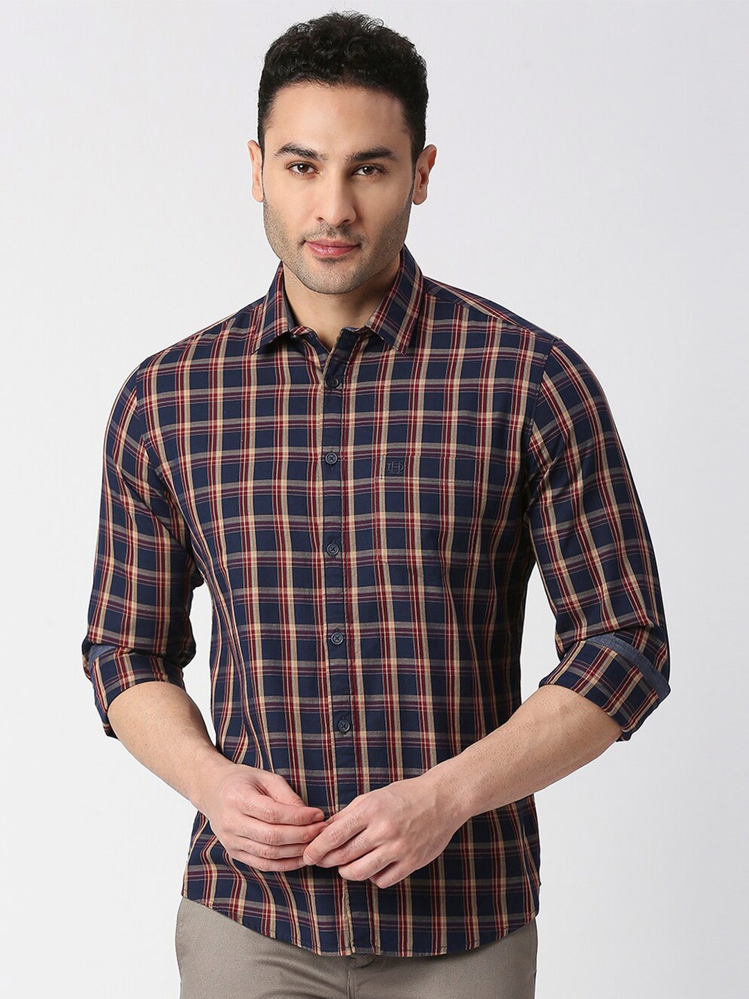 

DRAGON HILL Slim Fit Tartan Checks Cotton Casual Shirt, Navy blue