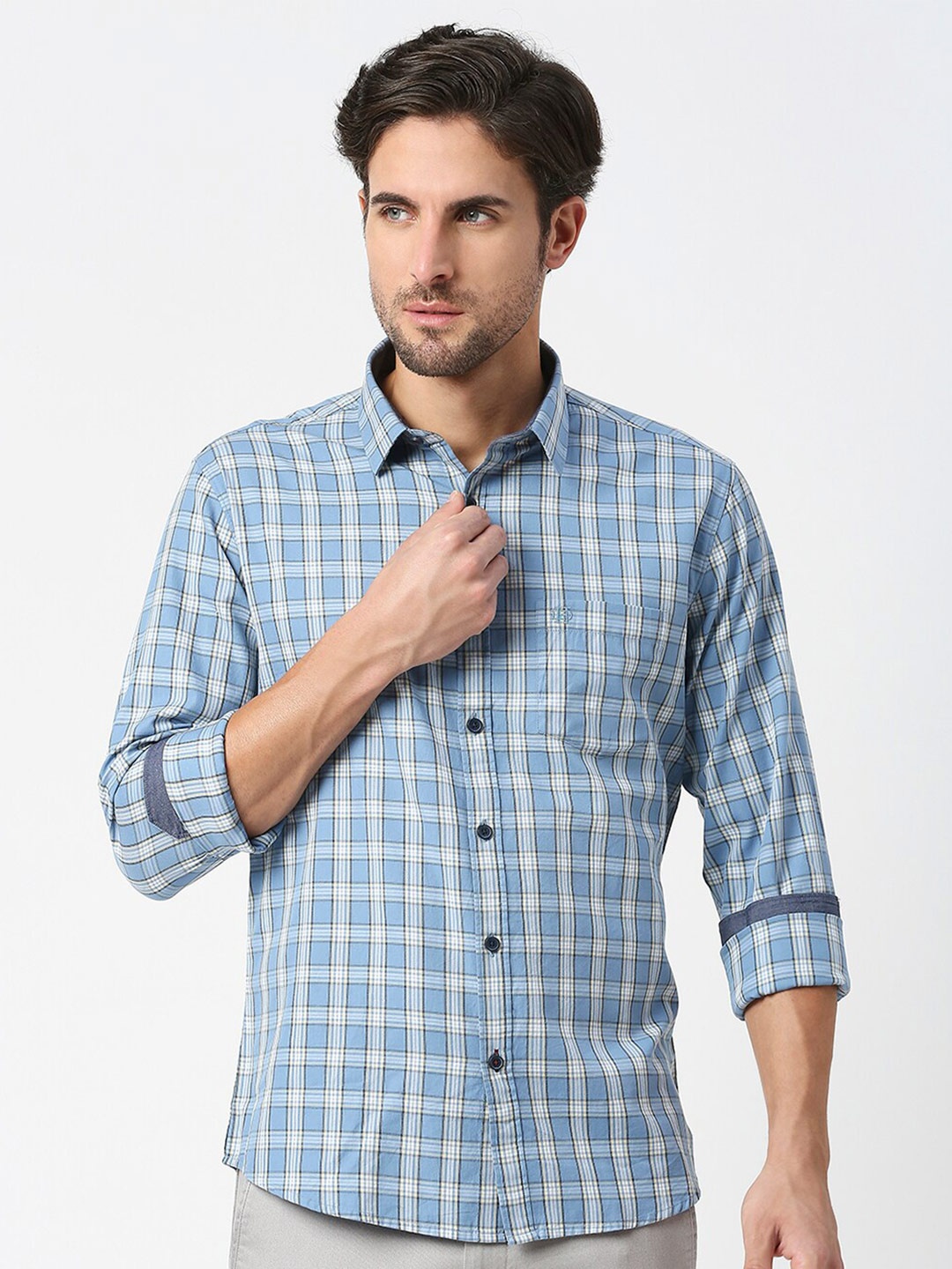 

DRAGON HILL Slim Fit Tartan Checks Cotton Casual Shirt, Blue