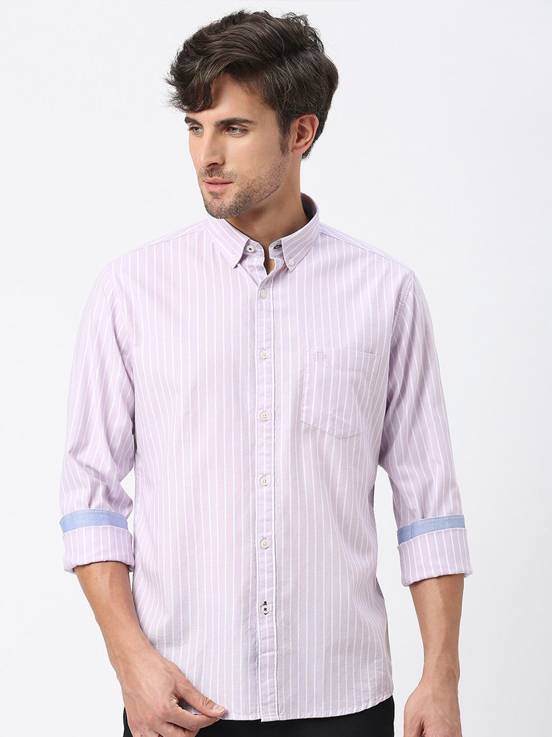 

DRAGON HILL Slim Fit Vertical Striped Cotton Casual Shirt, Purple