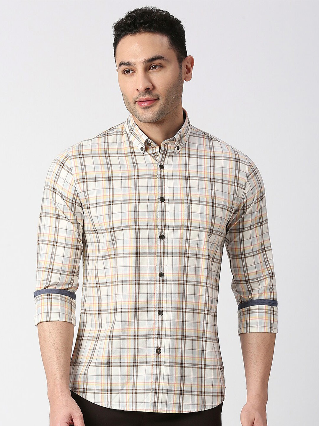 

DRAGON HILL Tartan Checked Slim Fit Twill Cotton Casual Shirt, Cream