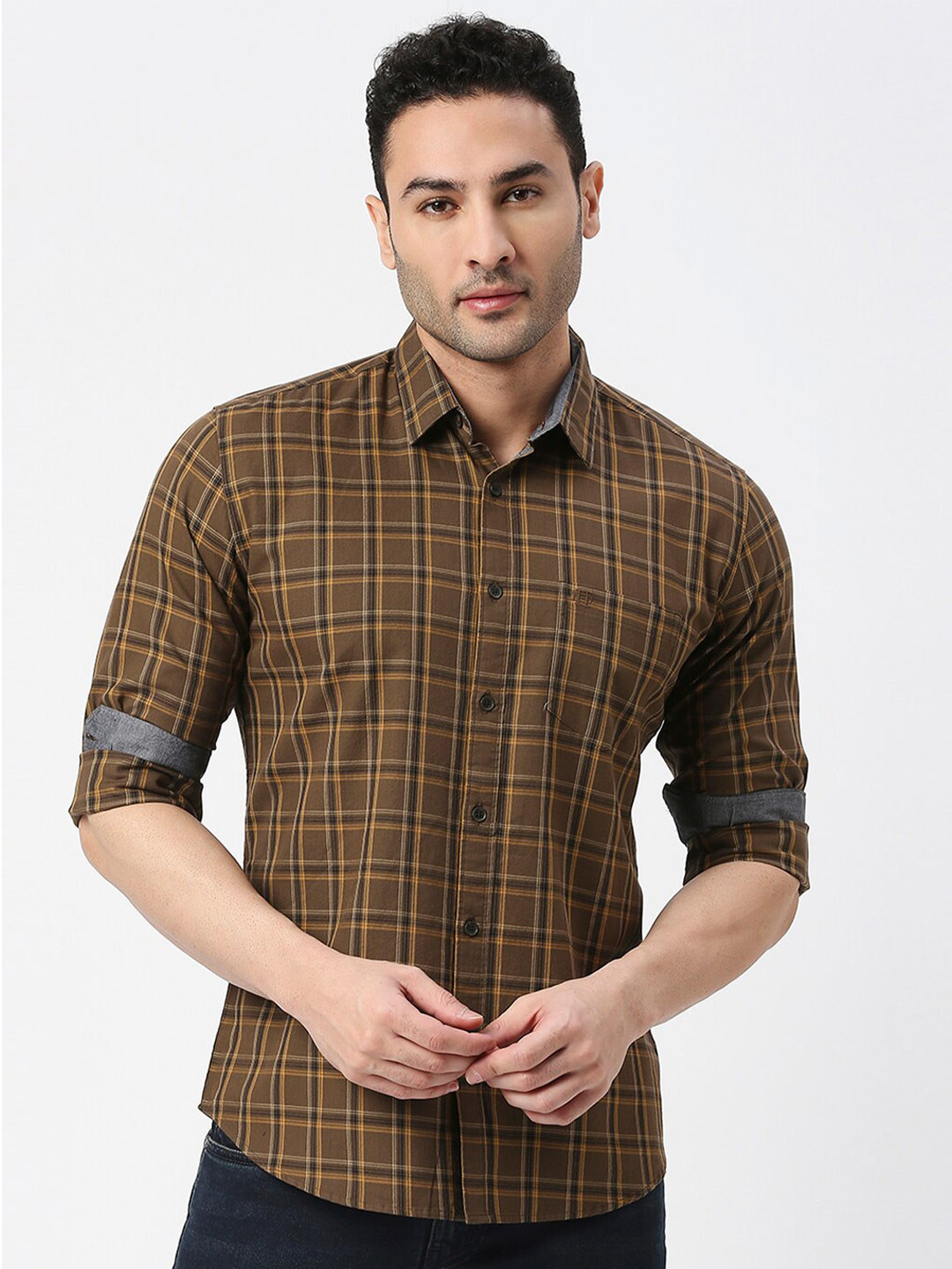 

DRAGON HILL Checked Slim Fit Cotton Casual Shirt, Brown
