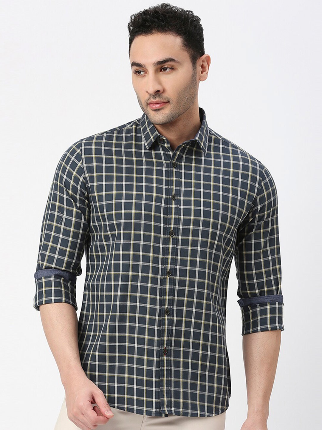 

DRAGON HILL Tartan Checked Slim Fit Cotton Casual Shirt, Navy blue