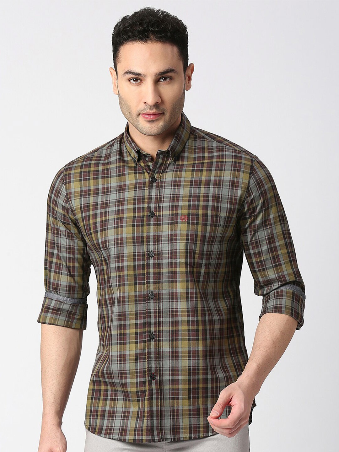 

DRAGON HILL Slim Fit Tartan Checked Twill Cotton Casual Shirt, Maroon