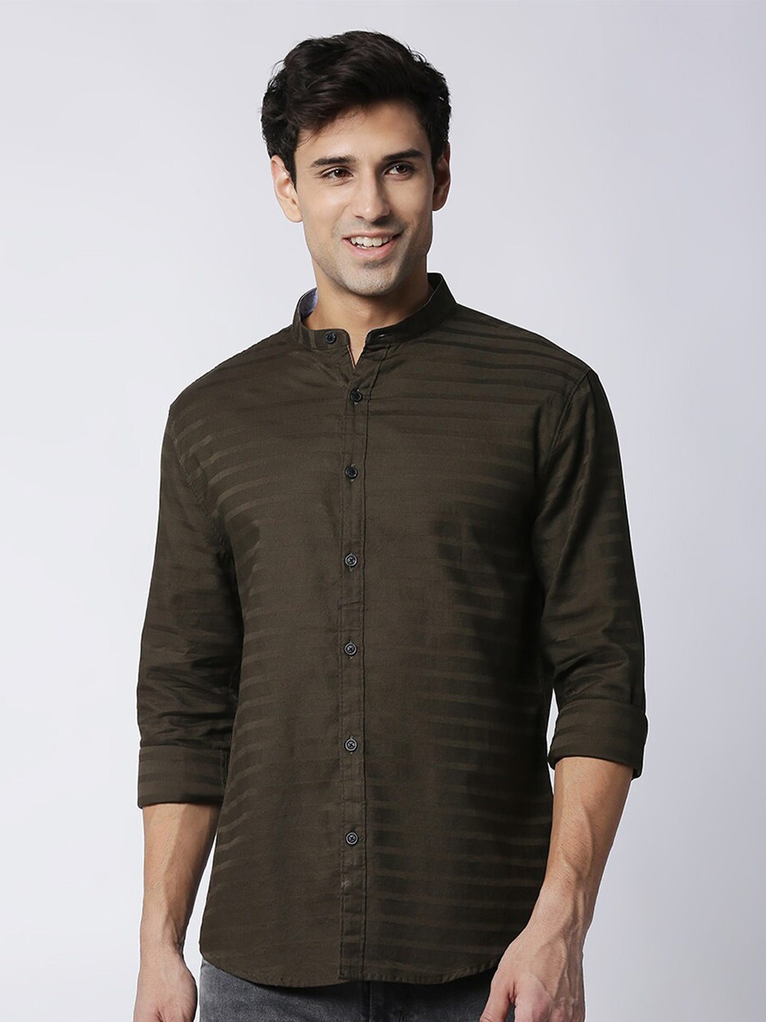 

DRAGON HILL Slim Fit Horizontal Striped Cotton Casual Shirt, Green