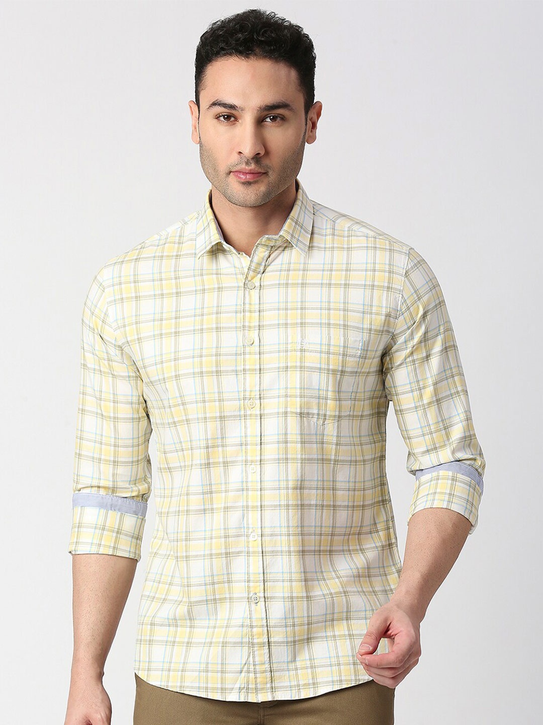 

DRAGON HILL Slim Fit Tartan Checked Twill Cotton Casual Shirt, Yellow