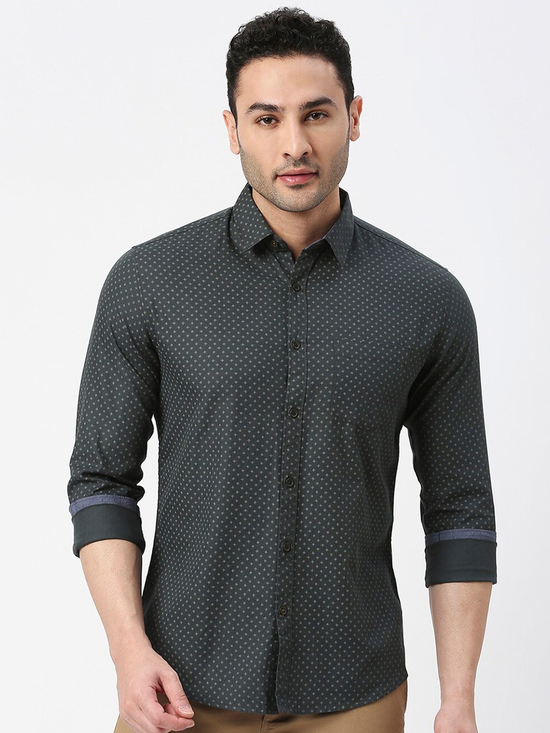 

DRAGON HILL Slim Fit Micro Disty Printed Cotton Casual Shirt, Green