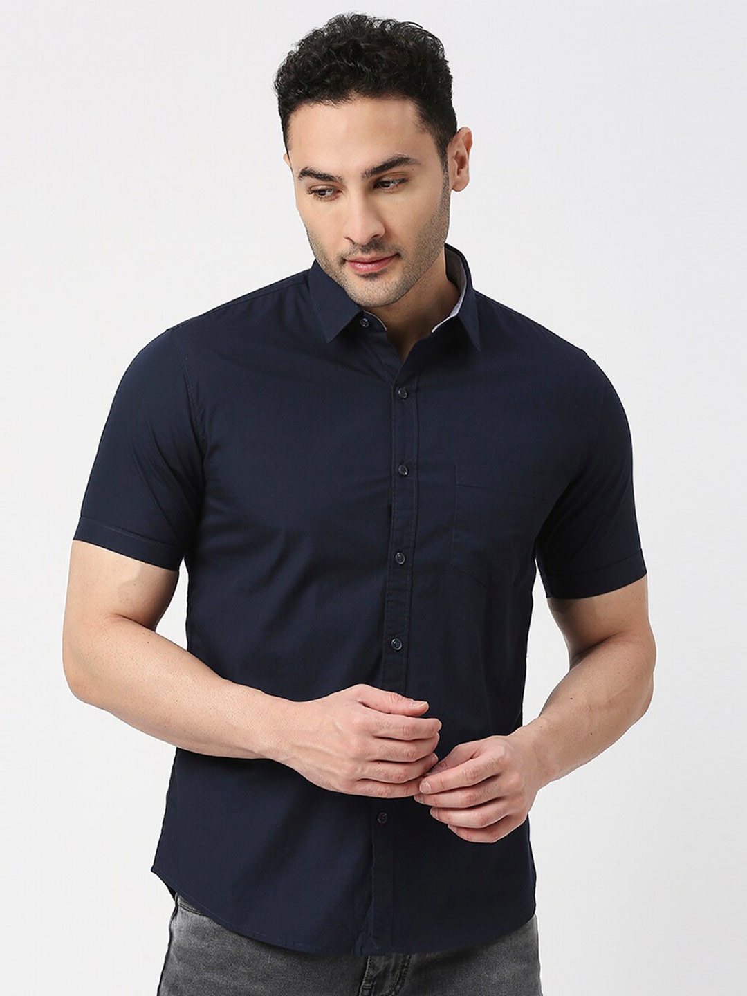 

DRAGON HILL Spread Collar Short Sleeve Slim Fit Cotton Casual Shirt, Navy blue