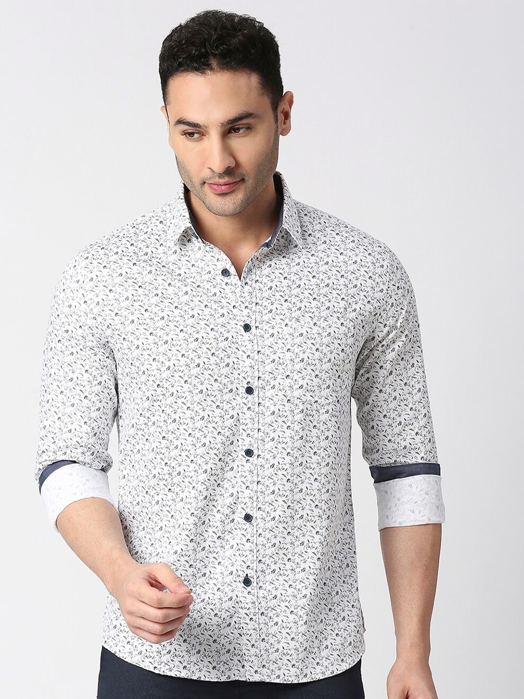 

DRAGON HILL Slim Fit Floral Printed Casual Cotton Shirt, White