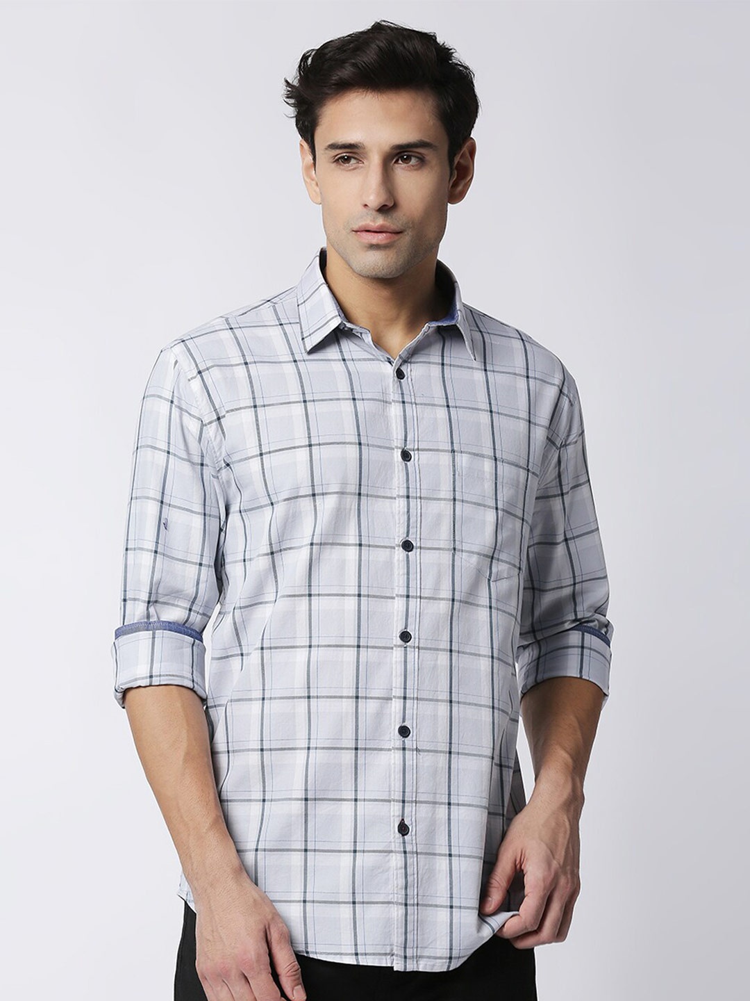 

DRAGON HILL Slim Fit Tartan Checked Twill Cotton Casual Shirt, Grey