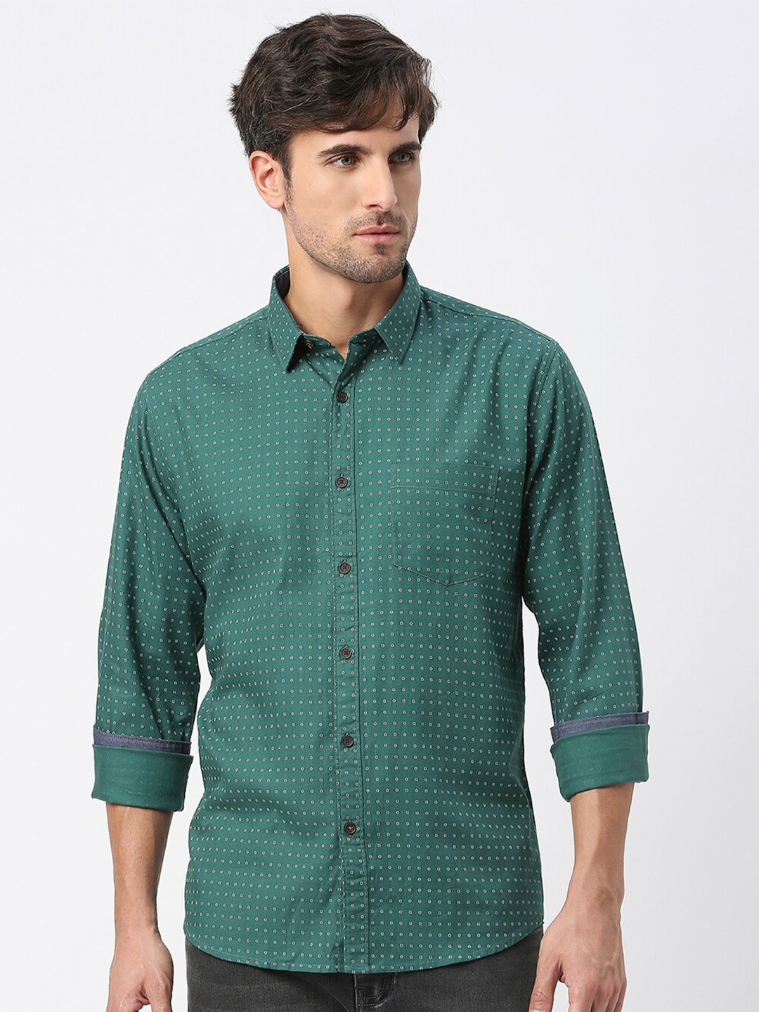 

DRAGON HILL Micro Ditsy Printed Slim Fit Cotton Casual Shirt, Green