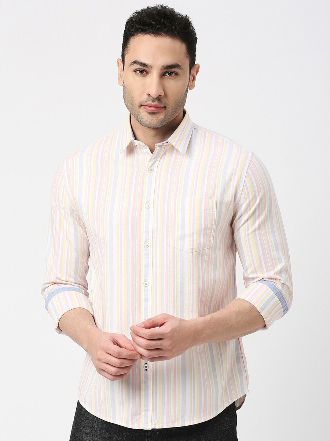 

DRAGON HILL Vertical Striped Slim Fit Cotton Casual Shirt, White