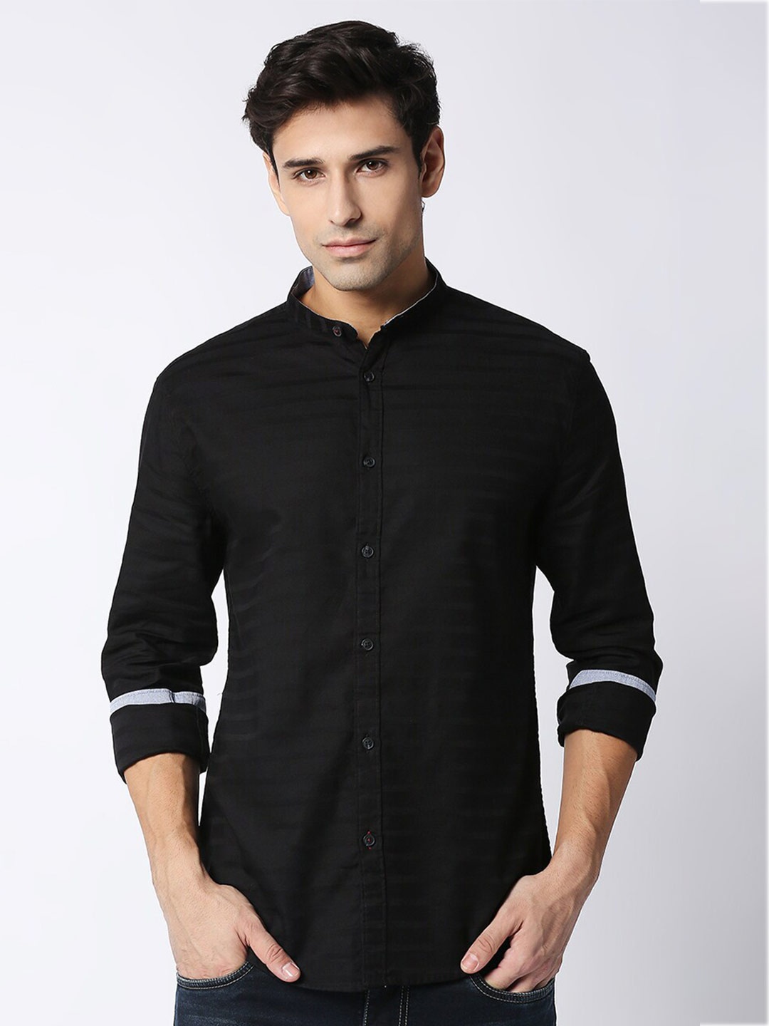 

DRAGON HILL Horizontal Striped Slim Fit Cotton Casual Shirt, Black