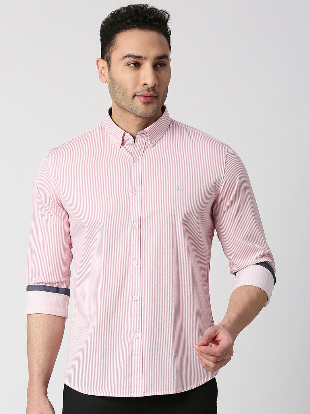 

DRAGON HILL Slim Fit Printed Button Down Collar Cotton Casual Shirt, Pink
