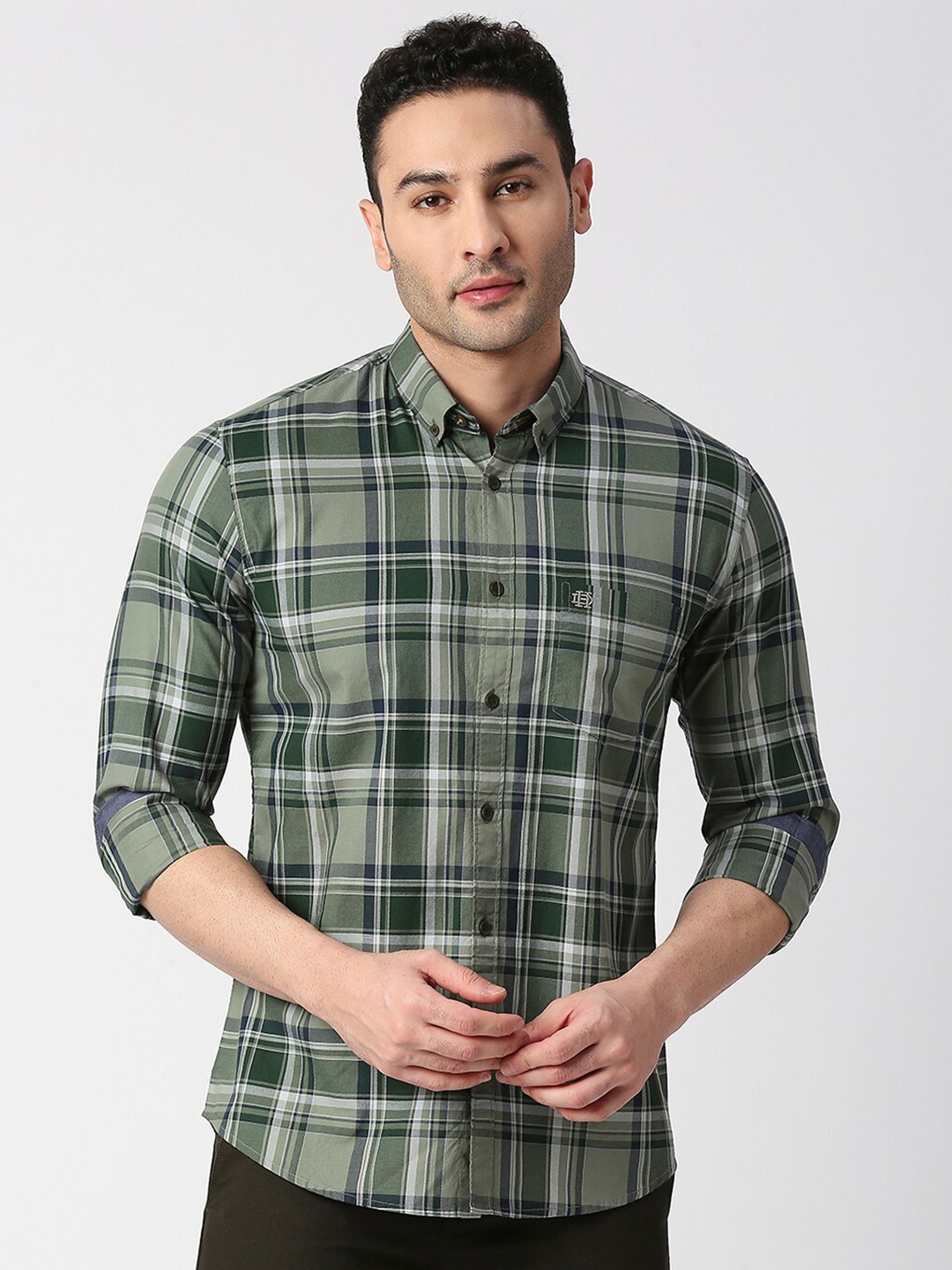 

DRAGON HILL Slim Fit Tartan Checked Button-Down Collar Twill Cotton Casual Shirt, Green