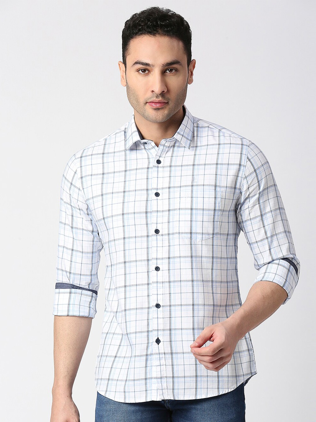

DRAGON HILL Slim Fit Opaque Checked Cotton Casual Shirt, White