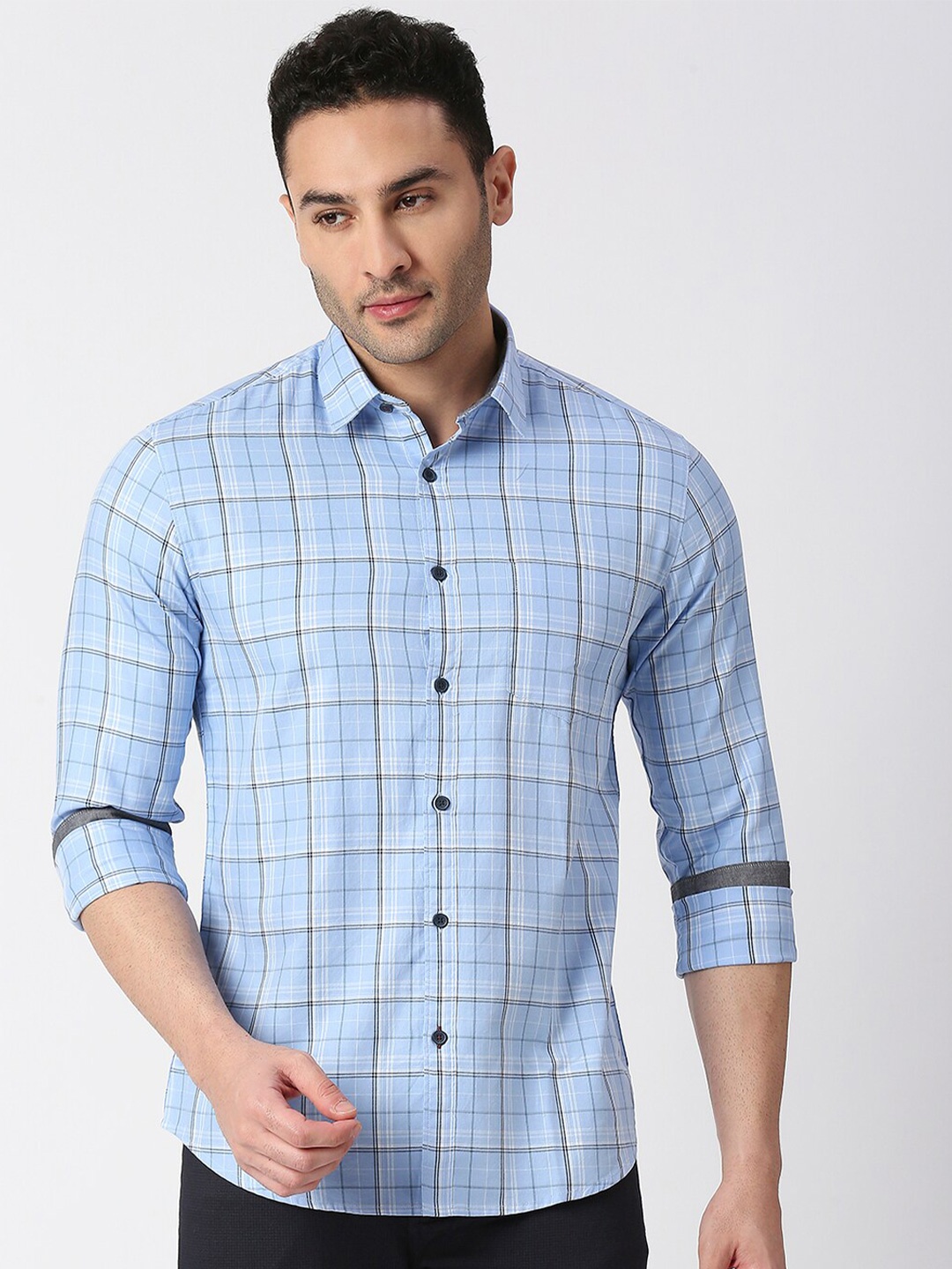 

DRAGON HILL Tartan Checked Slim Fit Twill Pure Cotton Casual Shirt, Blue