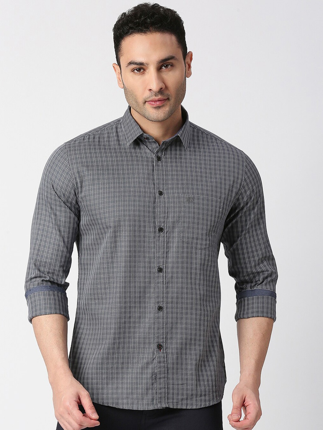 

DRAGON HILL Slim Fit Micro Checked Twill Cotton Casual Shirt, Grey