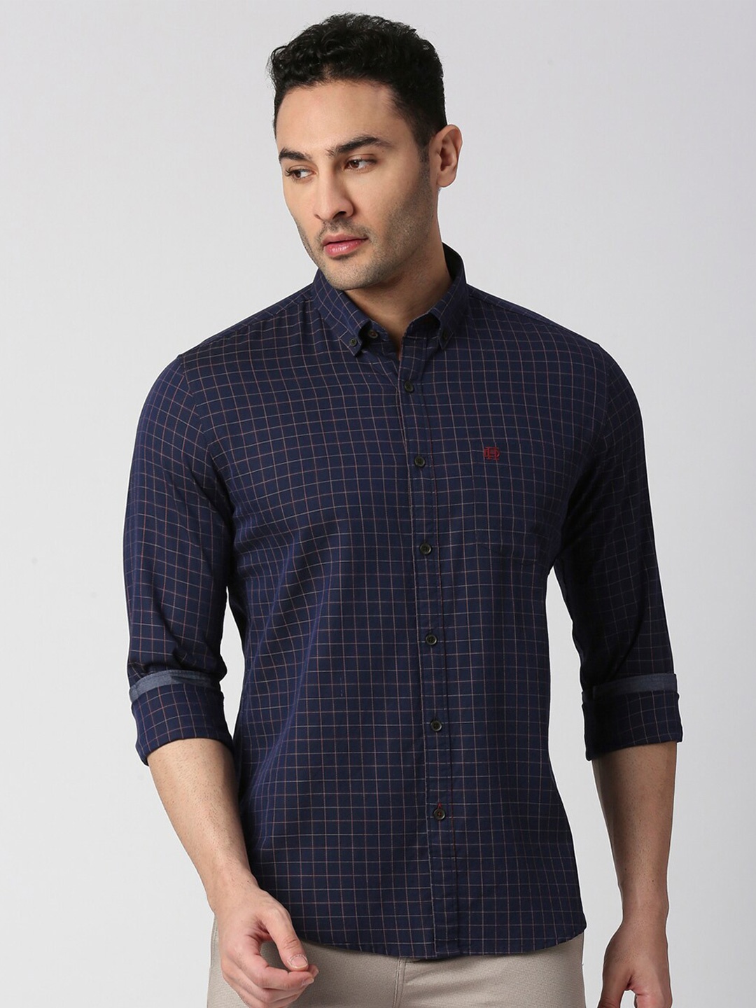 

DRAGON HILL Slim Fit Checked Casual Cotton Shirt, Navy blue