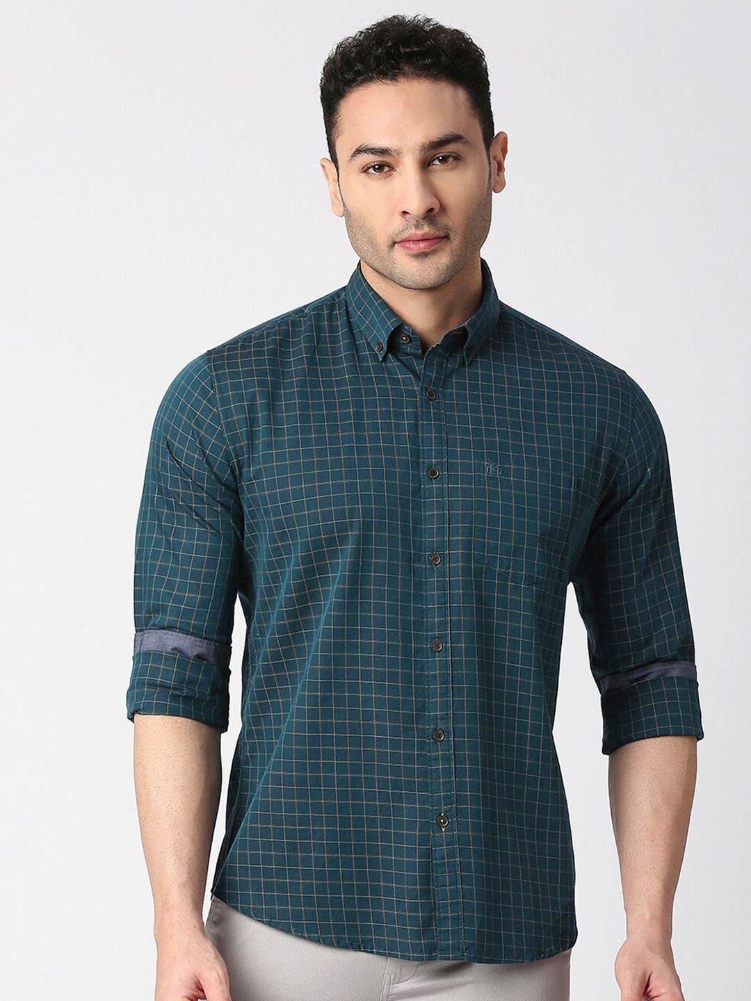 

DRAGON HILL Grid Tattersall Checked Slim Fit Cotton Casual Shirt, Green