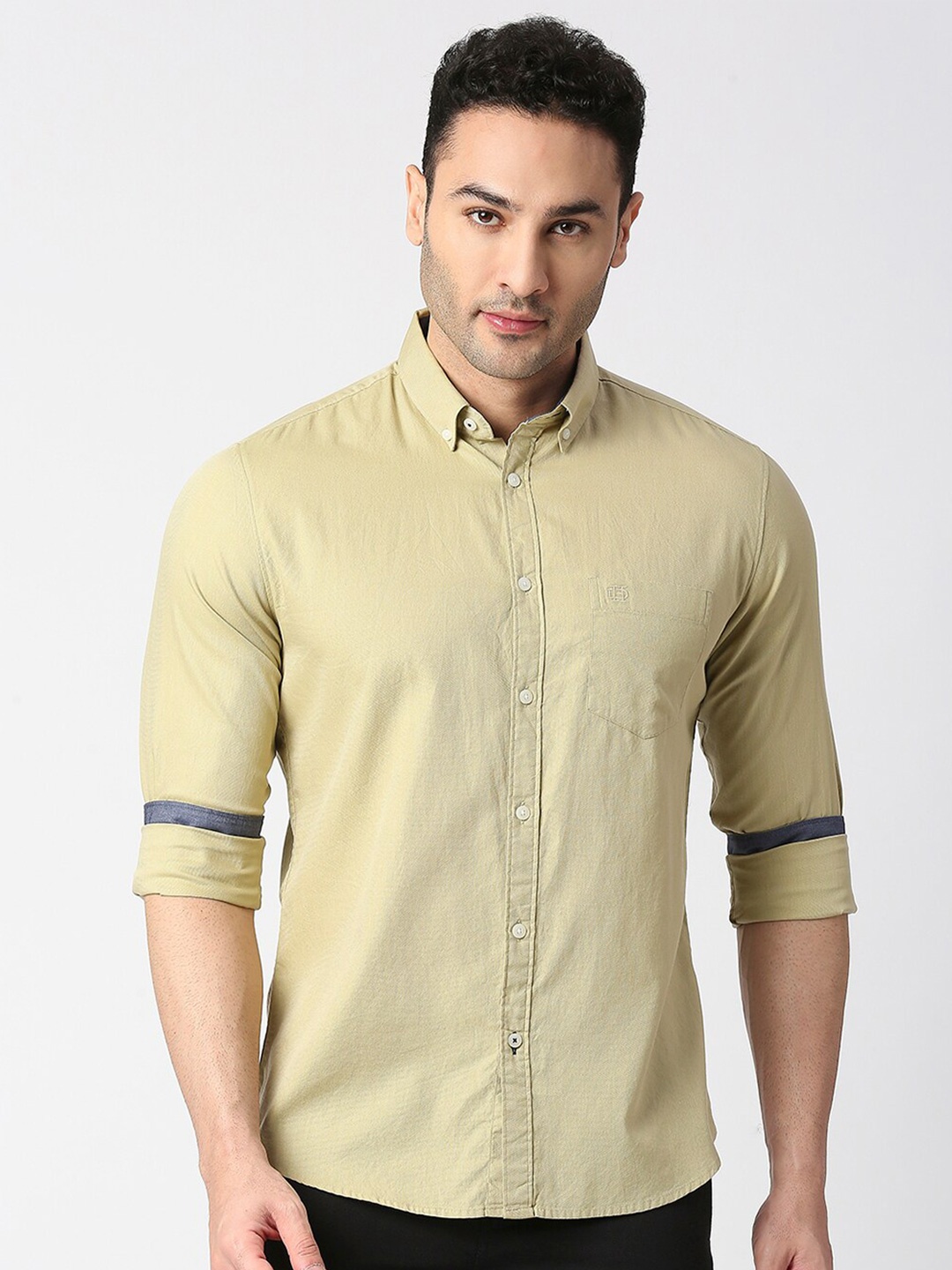 

DRAGON HILL Button-Down Collar Slim Fit Cotton Casual Shirt, Beige