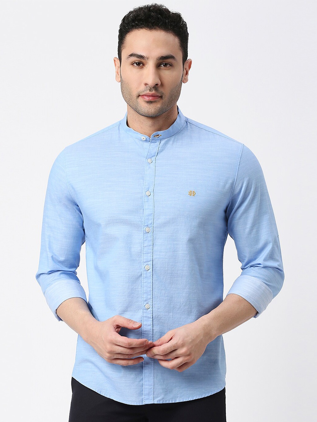 

DRAGON HILL Band Collar Slim Fit Pure Cotton Casual Shirt, Blue