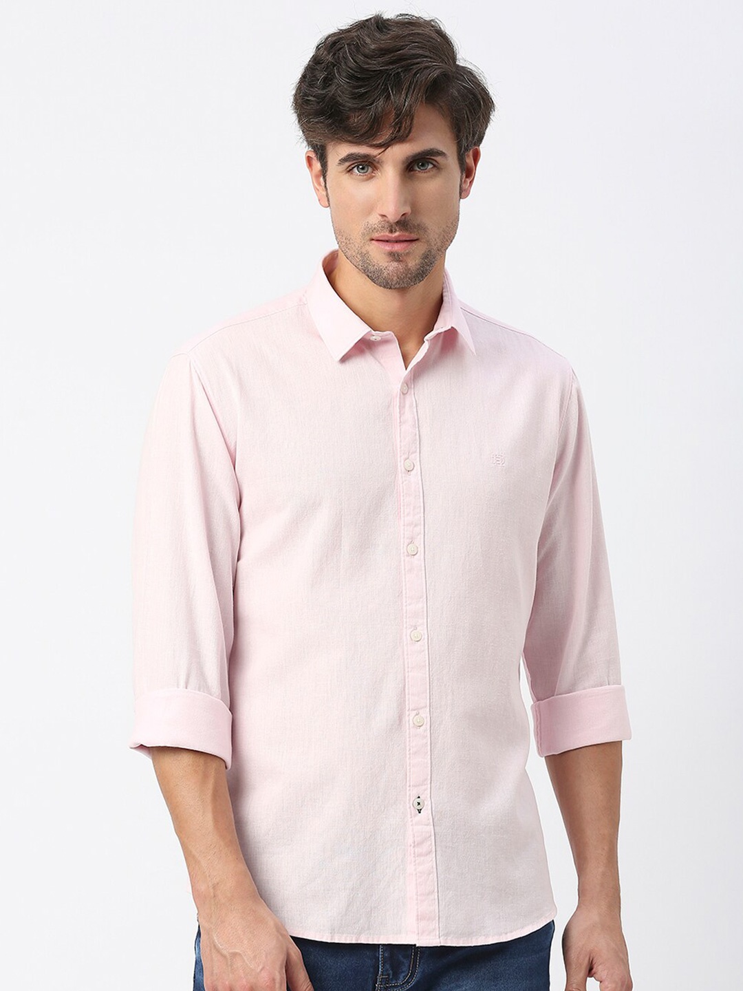 

DRAGON HILL Spread Collar Slim Fit Cotton Linen Casual Shirt, Pink