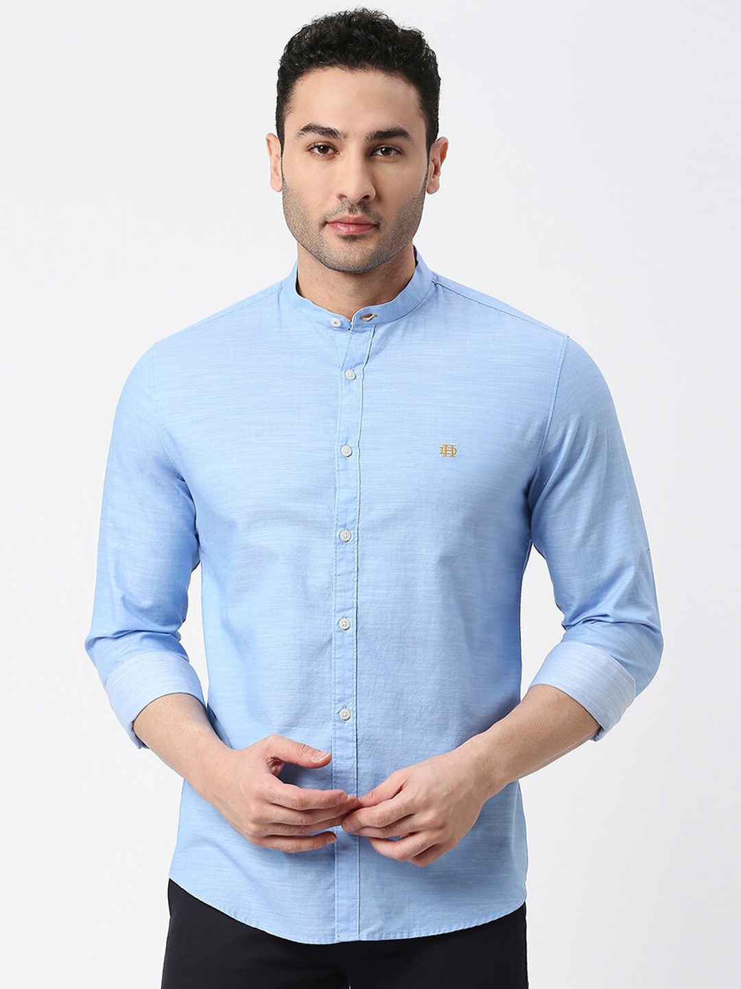 

DRAGON HILL Band Collar Slim Fit Casual Cotton Shirt, Blue