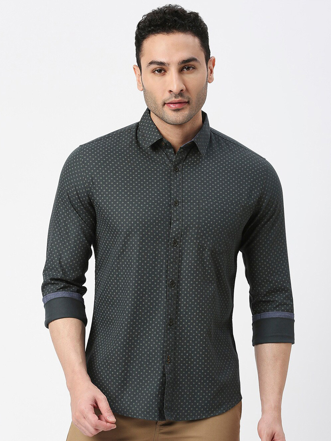 

DRAGON HILL Slim Fit Micro Ditsy Printed Casual Cotton Shirt, Green