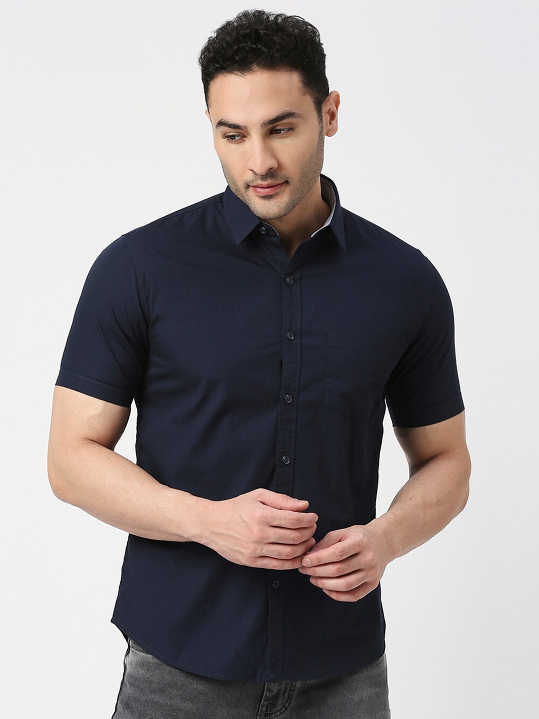 

DRAGON HILL Men Navy Blue Slim Fit Opaque Casual Shirt