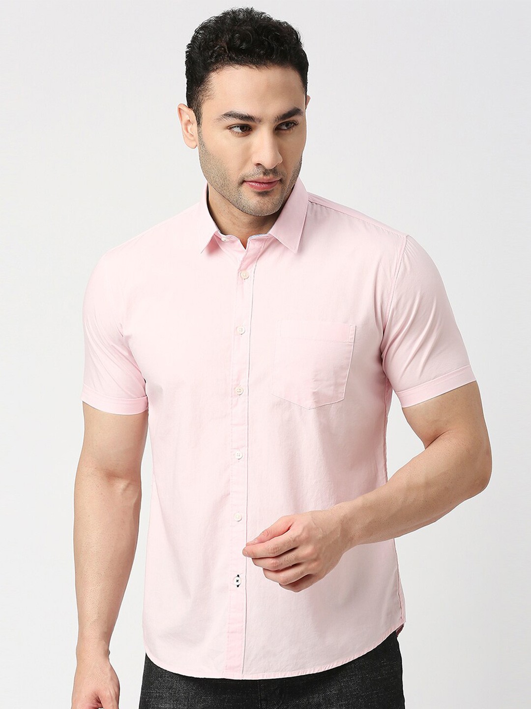 

DRAGON HILL Spread Collar Short Sleeve Slim Fit Cotton Casual Shirt, Pink