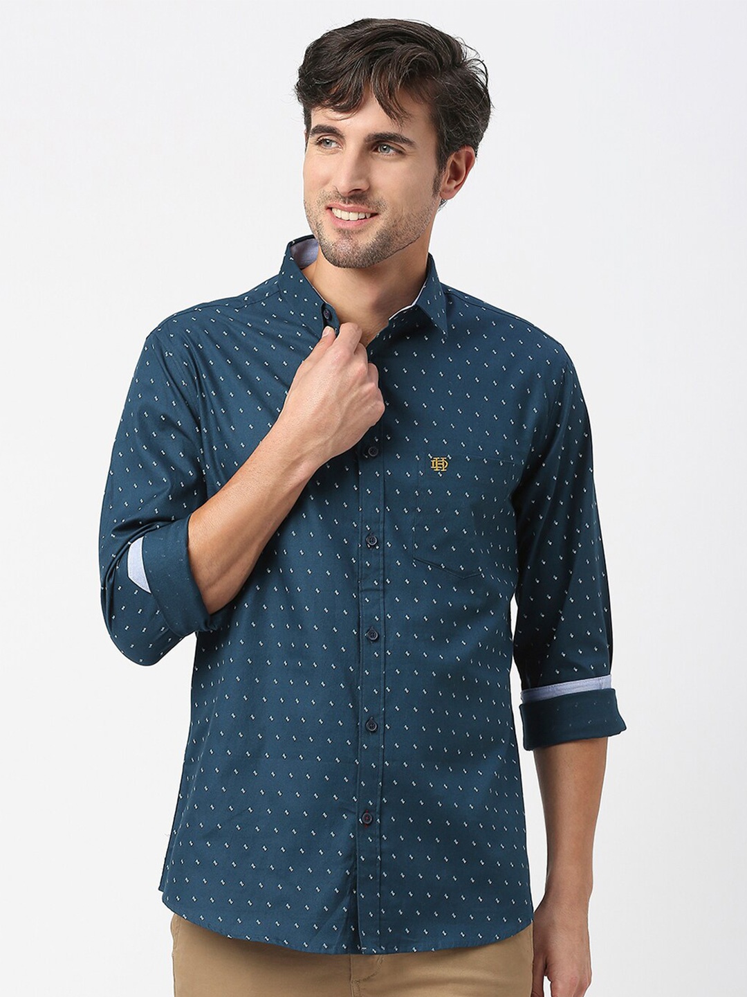 

DRAGON HILL Slim Fit Opaque Oxford Micro Printed Casual Cotton Shirt, Teal