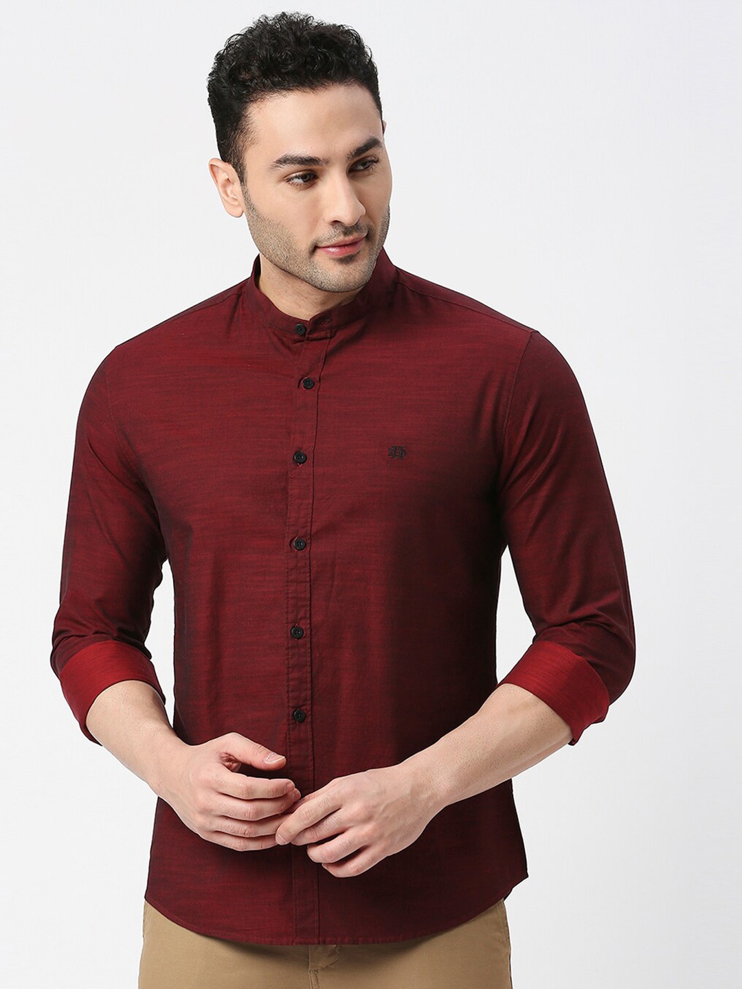 

DRAGON HILL Band Collar Slim Fit Pure Cotton Casual Shirt, Maroon