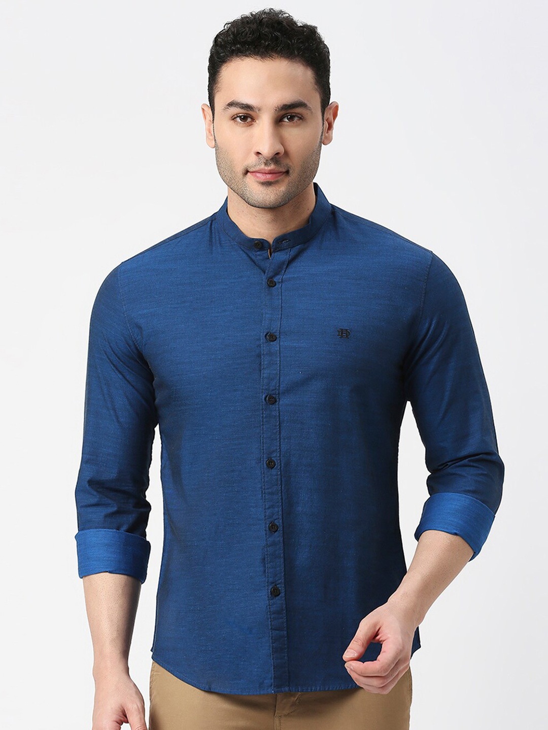 

DRAGON HILL Slim Fit Mandarin Collar Cotton Casual Shirt, Blue