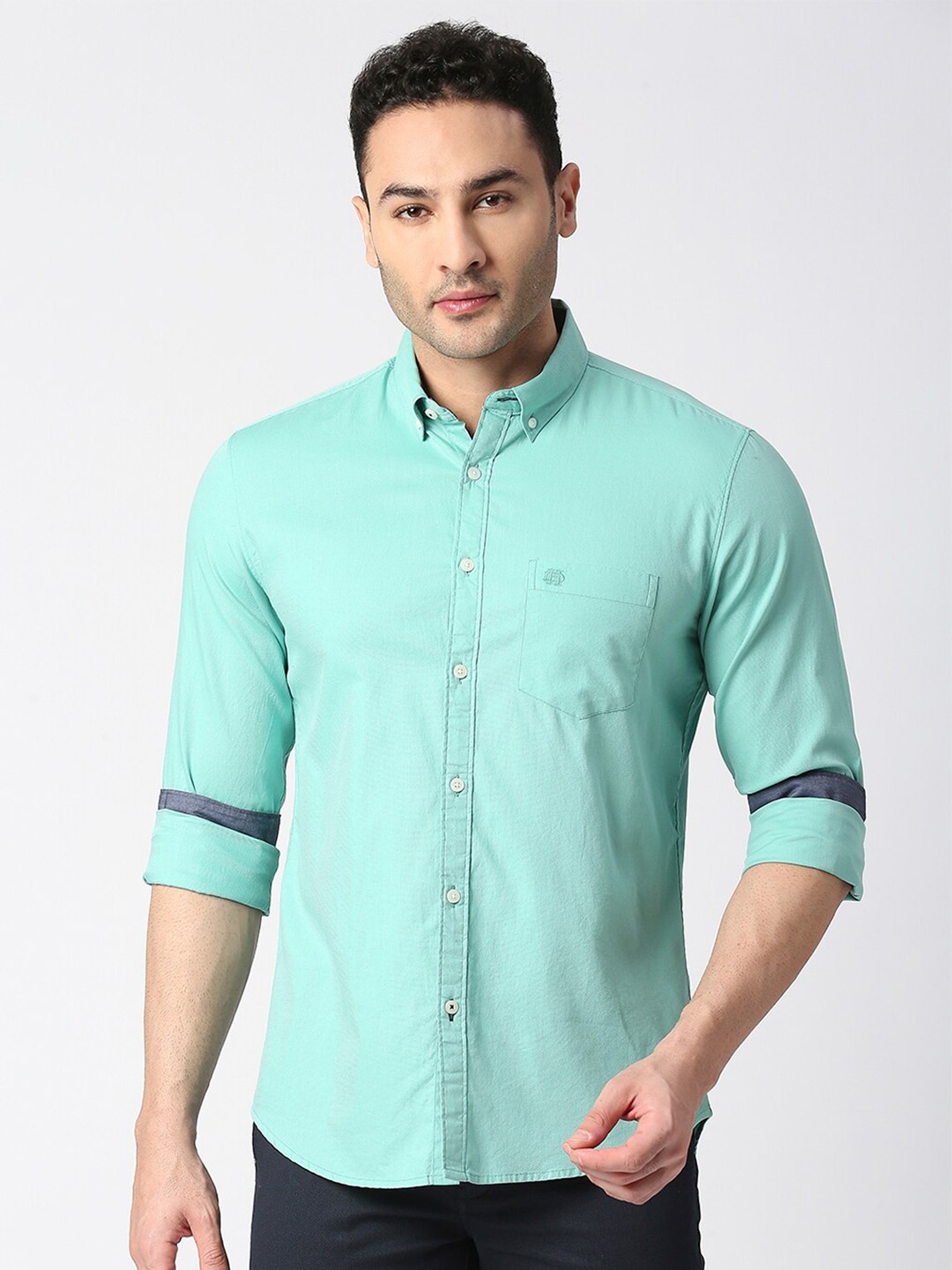 

DRAGON HILL Slim Fit Button-Down Collar Cotton Casual Shirt, Green