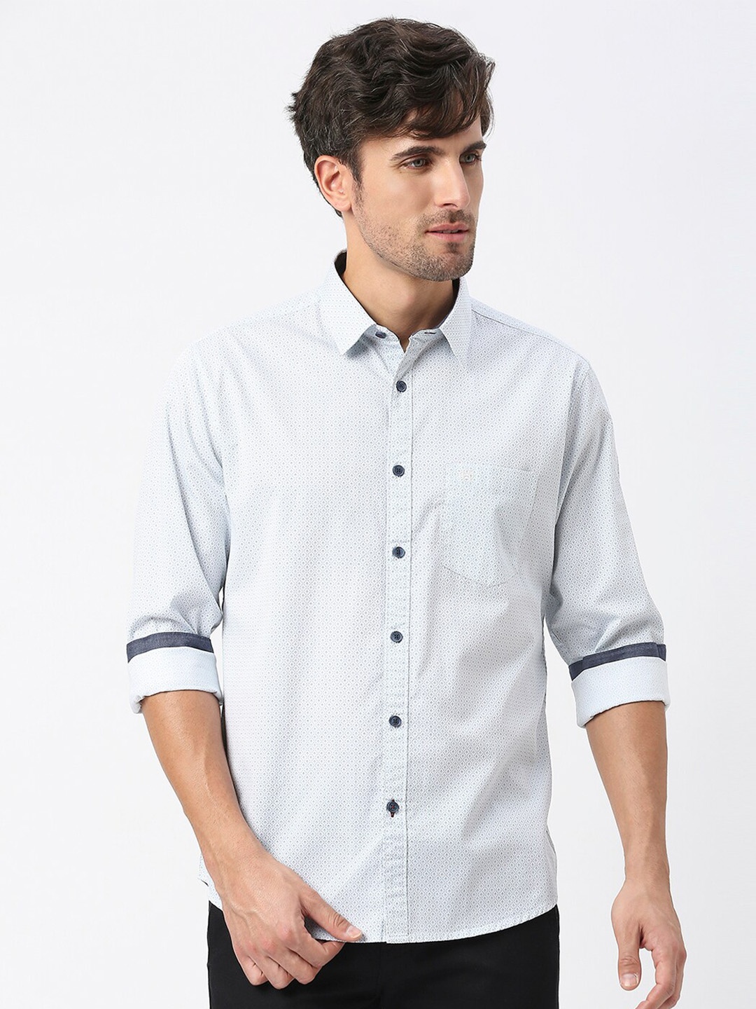 

DRAGON HILL Slim Fit Micro Ditsy Printed Cotton Shirt, Blue