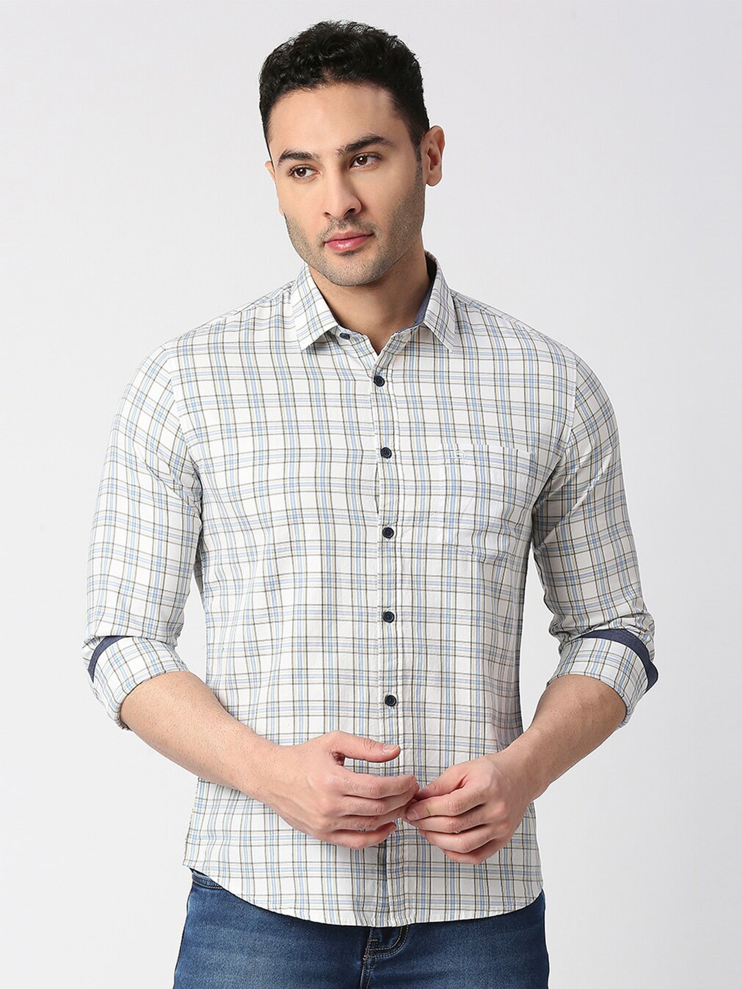 

DRAGON HILL Slim Fit Twill Checked Casual CottonShirt, Beige