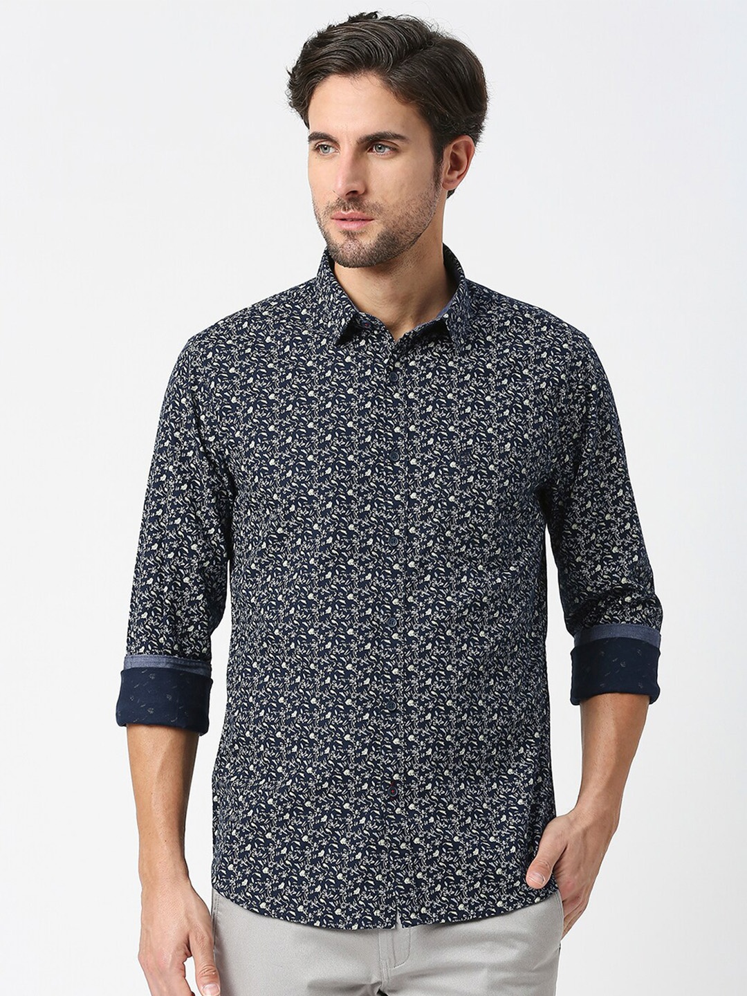 

DRAGON HILL Slim Fit Floral Printed Cotton Casual Shirt, Navy blue