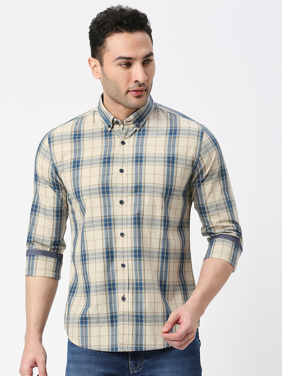 

DRAGON HILL Tartan Checked Slim Fit Cotton Casual Shirt, Beige
