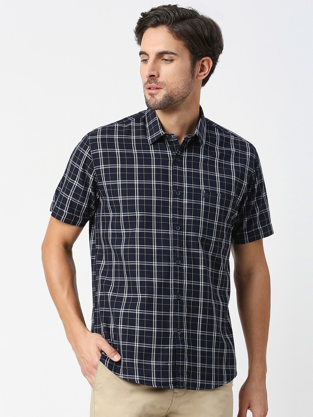 

DRAGON HILL Slim Fit Opaque Checked Cotton Casual Shirt, Navy blue