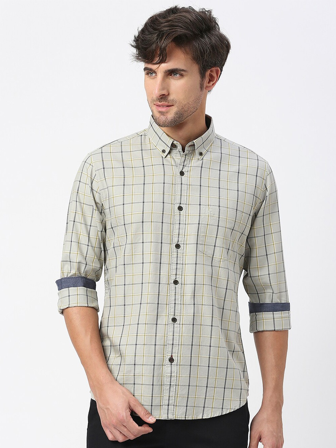 

DRAGON HILL Slim Fit Tartan Checks Cotton Casual Shirt, Grey