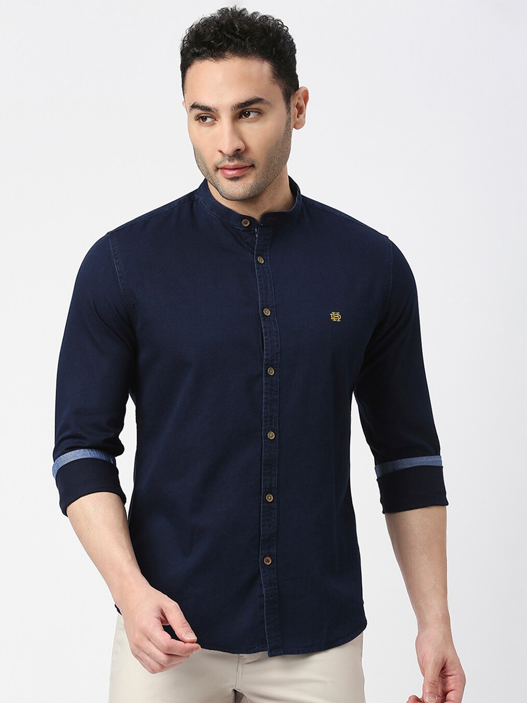 

DRAGON HILL Band Collar Slim Fit Cotton Casual Shirt, Blue