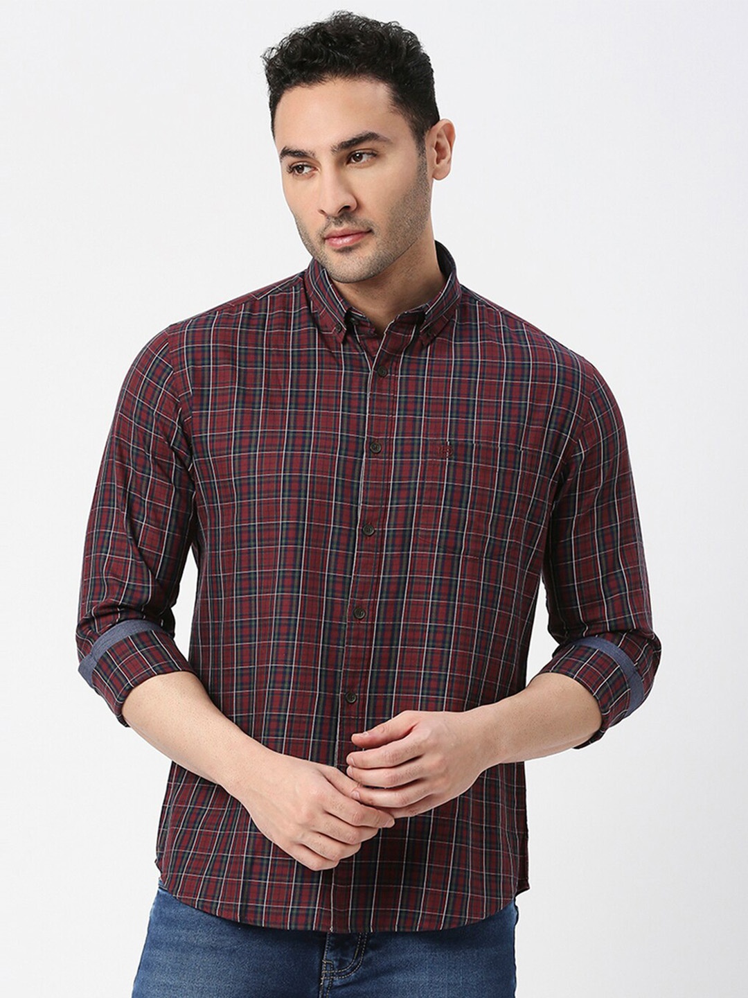 

DRAGON HILL Men Maroon Slim Fit Tartan Checks Opaque Checked Casual Shirt