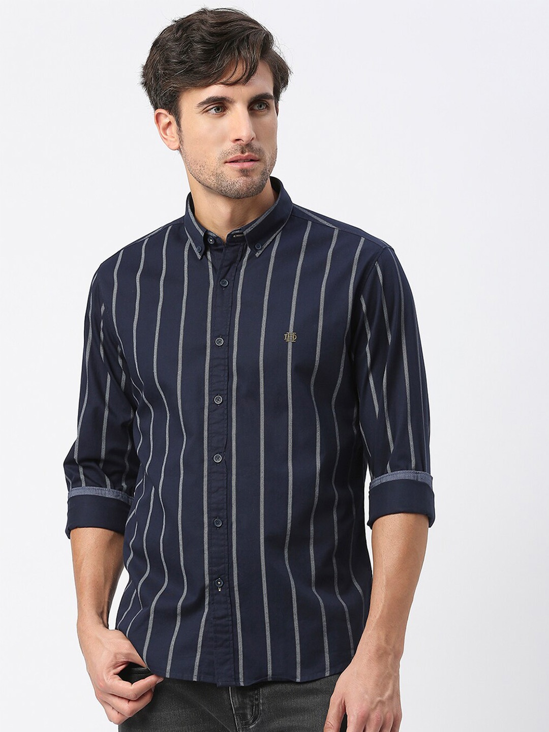 

DRAGON HILL Slim Fit Striped Cotton Casual Shirt, Navy blue