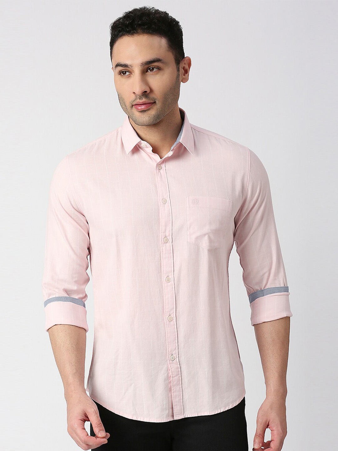 

DRAGON HILL Grid Tattersall Checked Slim Fit Cotton Casual Shirt, Pink