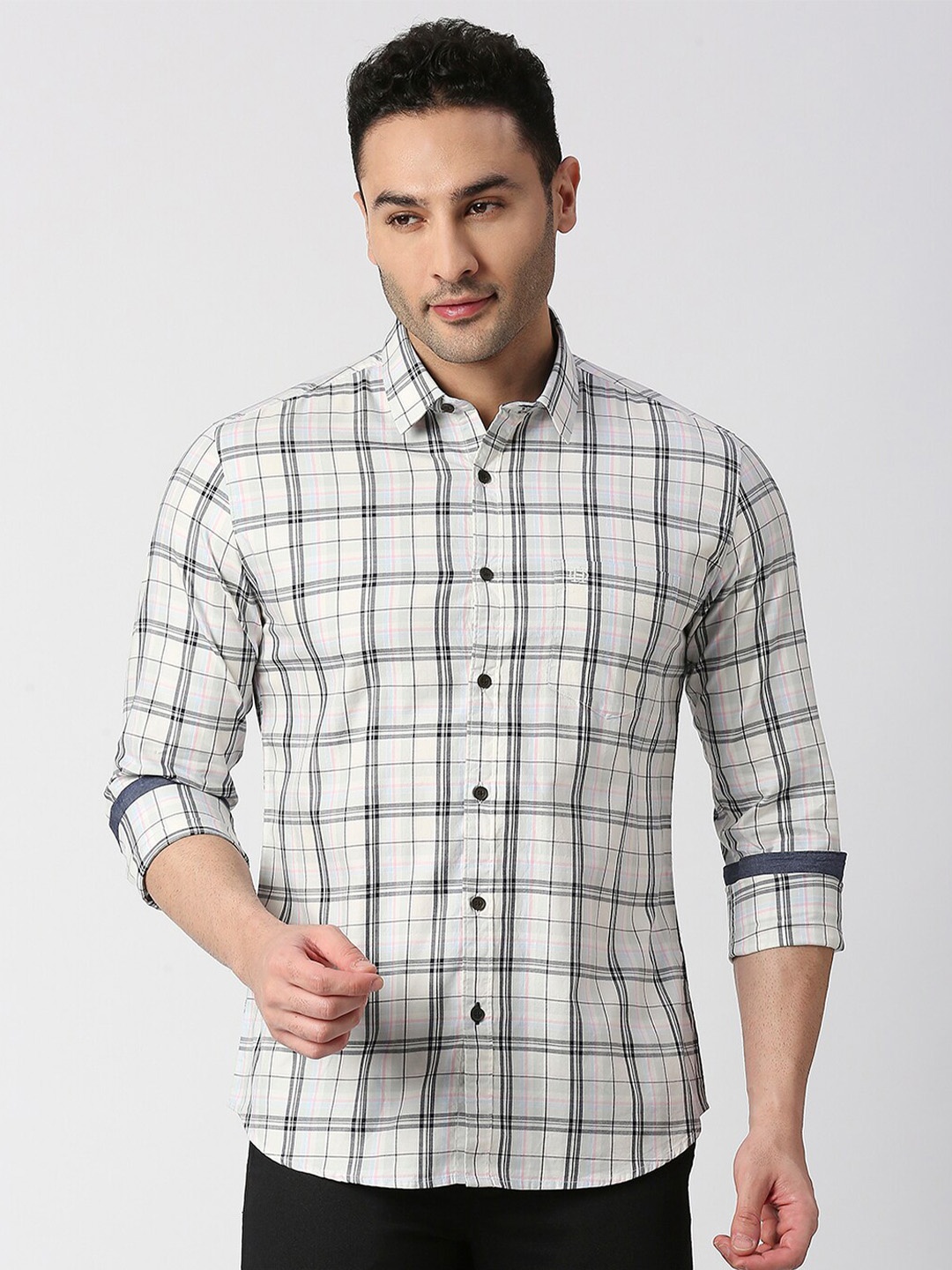 

DRAGON HILL Tartan Checked Slim Fit Twill Cotton Casual Shirt, White