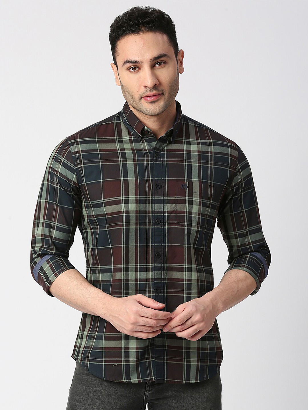 

DRAGON HILL Slim Fit Tartan Checks Cotton Shirt, Maroon