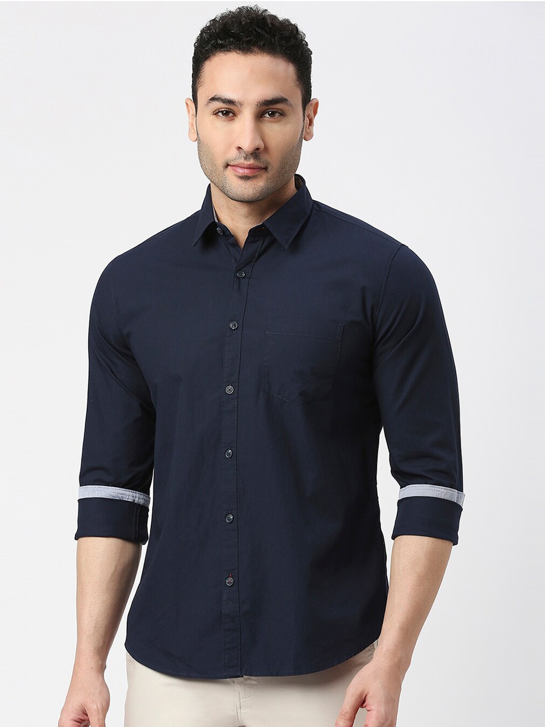 

DRAGON HILL Slim Fit Spread Collar Cotton Casual Shirt, Navy blue