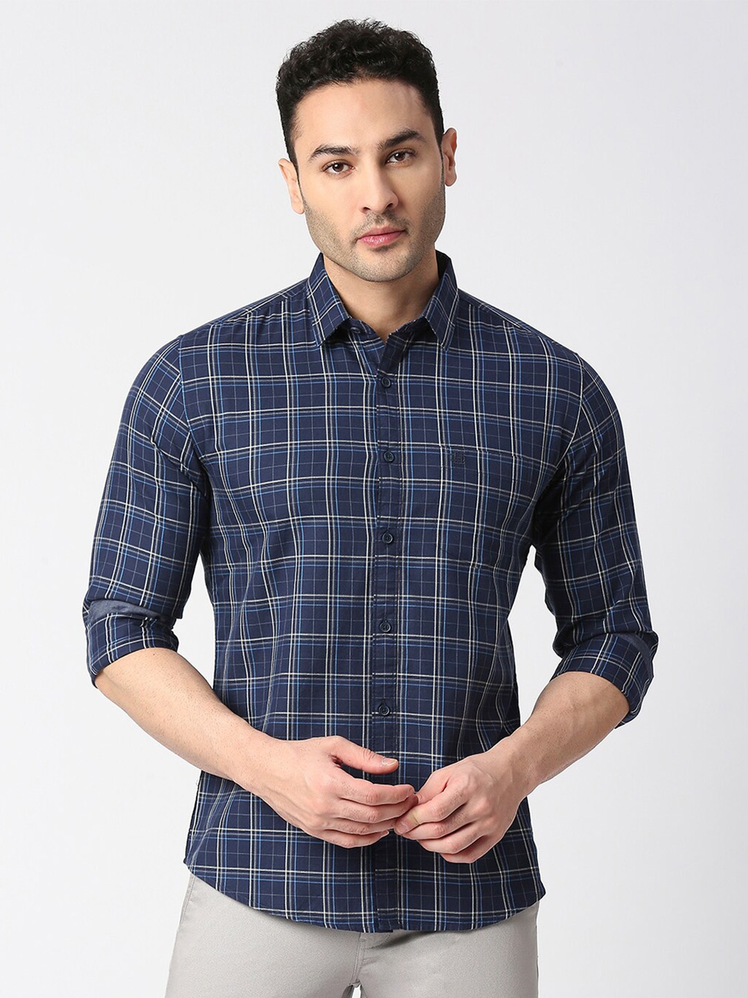 

DRAGON HILL Men Navy Blue Slim Fit Opaque Checked Casual Shirt