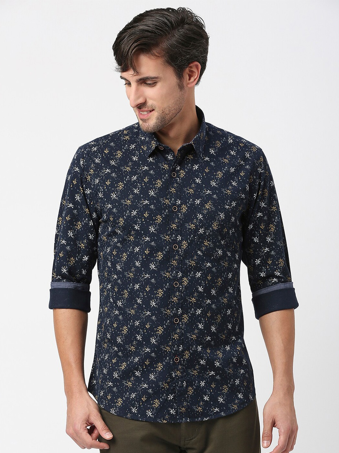 

DRAGON HILL Slim Fit Floral Printed Twill Cotton Casual Shirt, Navy blue